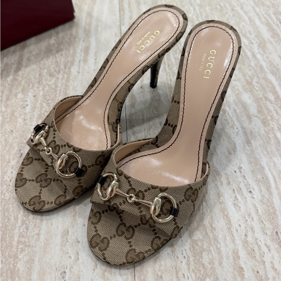 Gucci Shoes - Gucci Tan GG Canvas Horsebit Mule Heels